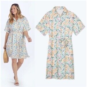 summersalt Floral Midi Shirt Dress in White with Peach and Mint Accents
